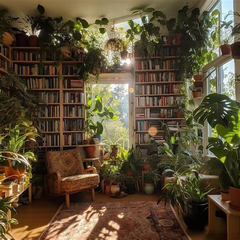 Een schrijfruimte met boeken en planten