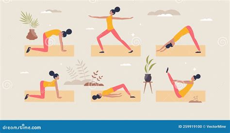 Illustratie van wandelende persoon, yoga poses en core oefeningen