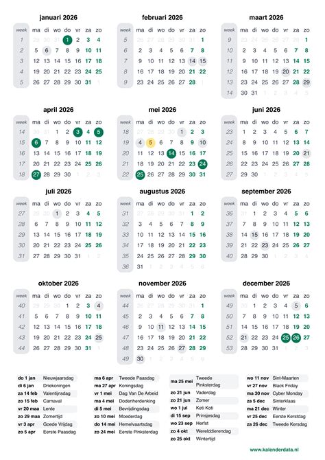 Kalender met markeringen voor sluitingsdagen en feestdagen