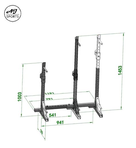 Schematische weergave van een squat rack met afmetingen