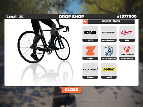 Screenshot van de Zwift Drop Shop met verschillende virtuele fietsen