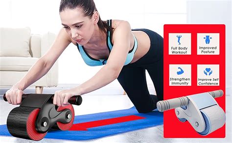 Collage van verschillende buikspierapparaten: ab wheel, ab roller, buiktrainer bankje