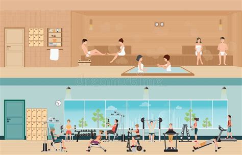 Illustratie van een fitnessruimte met diverse apparatuur