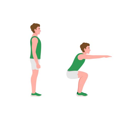 Illustratie van de juiste set-up voor een squat, met focus op borst omhoog, schouderbladen samen en lichte rug holling.