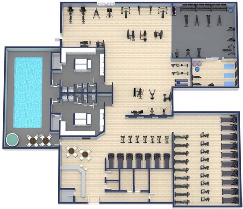 Plattegrond van een Basic-Fit sportschool met verschillende zones