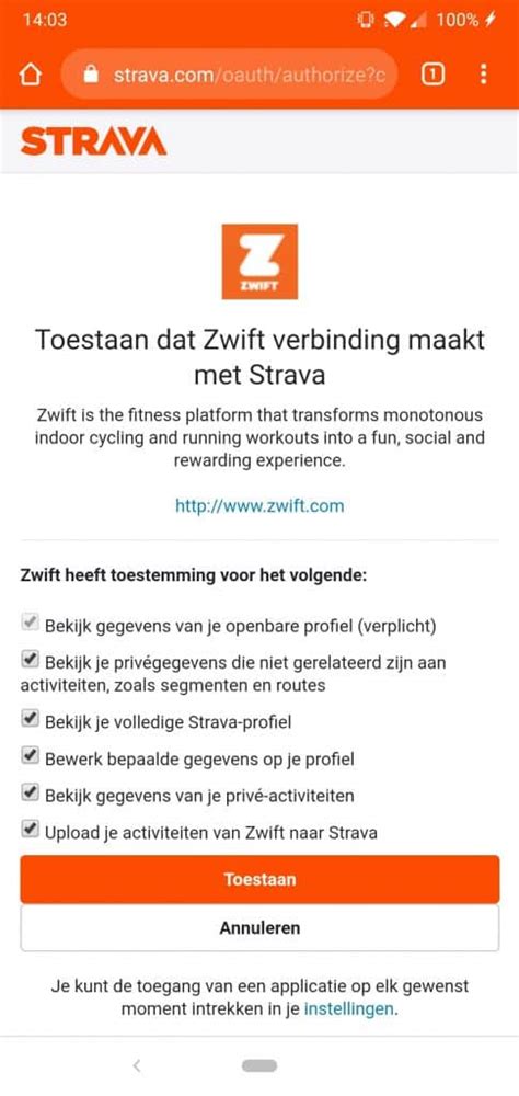 Bevestigingsscherm koppeling Zwift en Strava