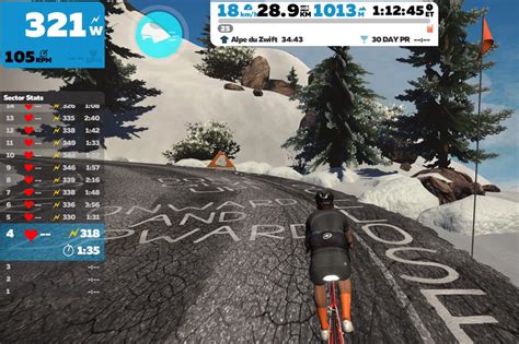 Kaart die de route van Alpe d'Huez in Zwift en in het echt toont