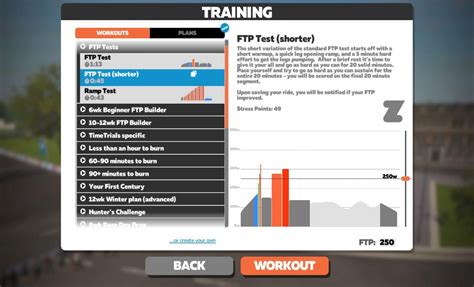 Zwift workout menu met FTP tests