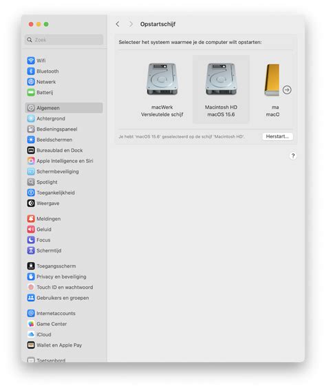 Screenshot van de Opstartschijf instellingen in macOS