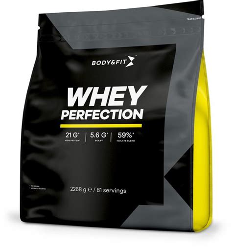 Body en Fit Whey Perfection verpakking met scoop