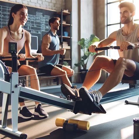 Een sporter die op een roeimachine zit en de beweging uitvoert