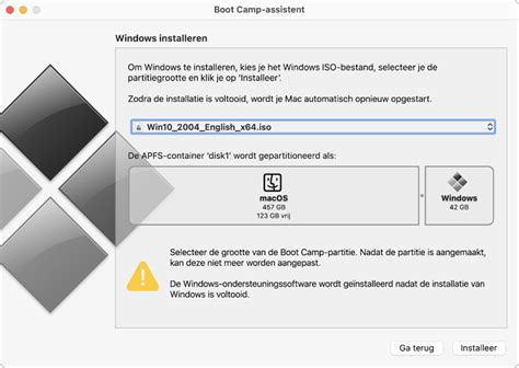 Screenshot van Boot Camp Assistent met partitie-instellingen