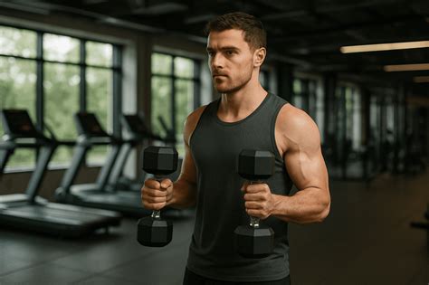Man met dumbbells in een thuisomgeving