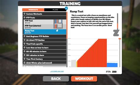 Grafiek van een Zwift FTP Ramp Test
