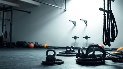 Diverse fitnessmaterialen zoals kettlebells en battle ropes