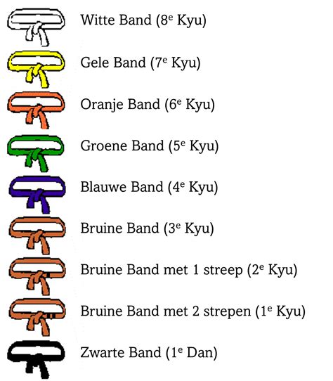 Diagram van karate banden volgorde met kleuren en Kyu-graden.