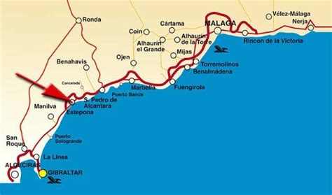 Kaart van de Costa del Sol met de locaties van Marbella, Calahonda en Malaga Airport