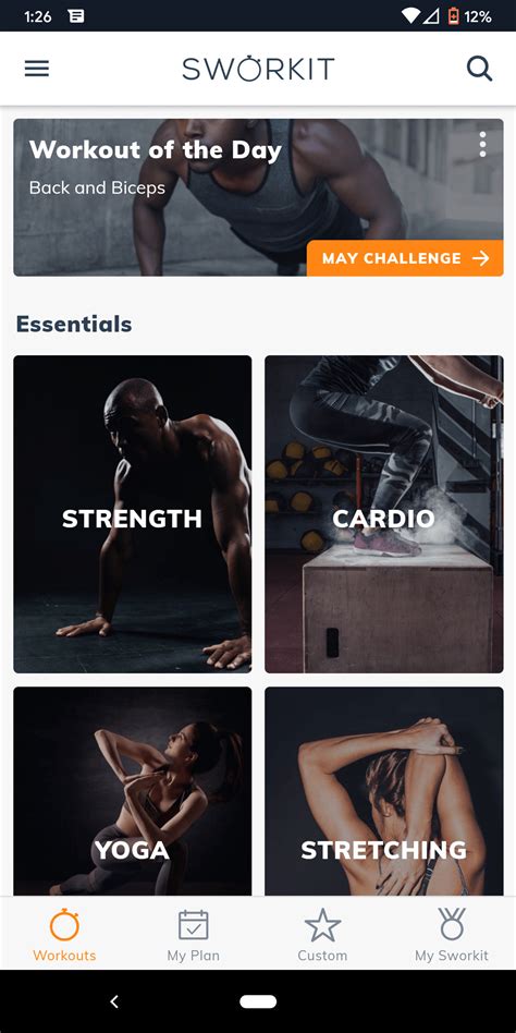 Sworkit app interface met verschillende oefencategorieën